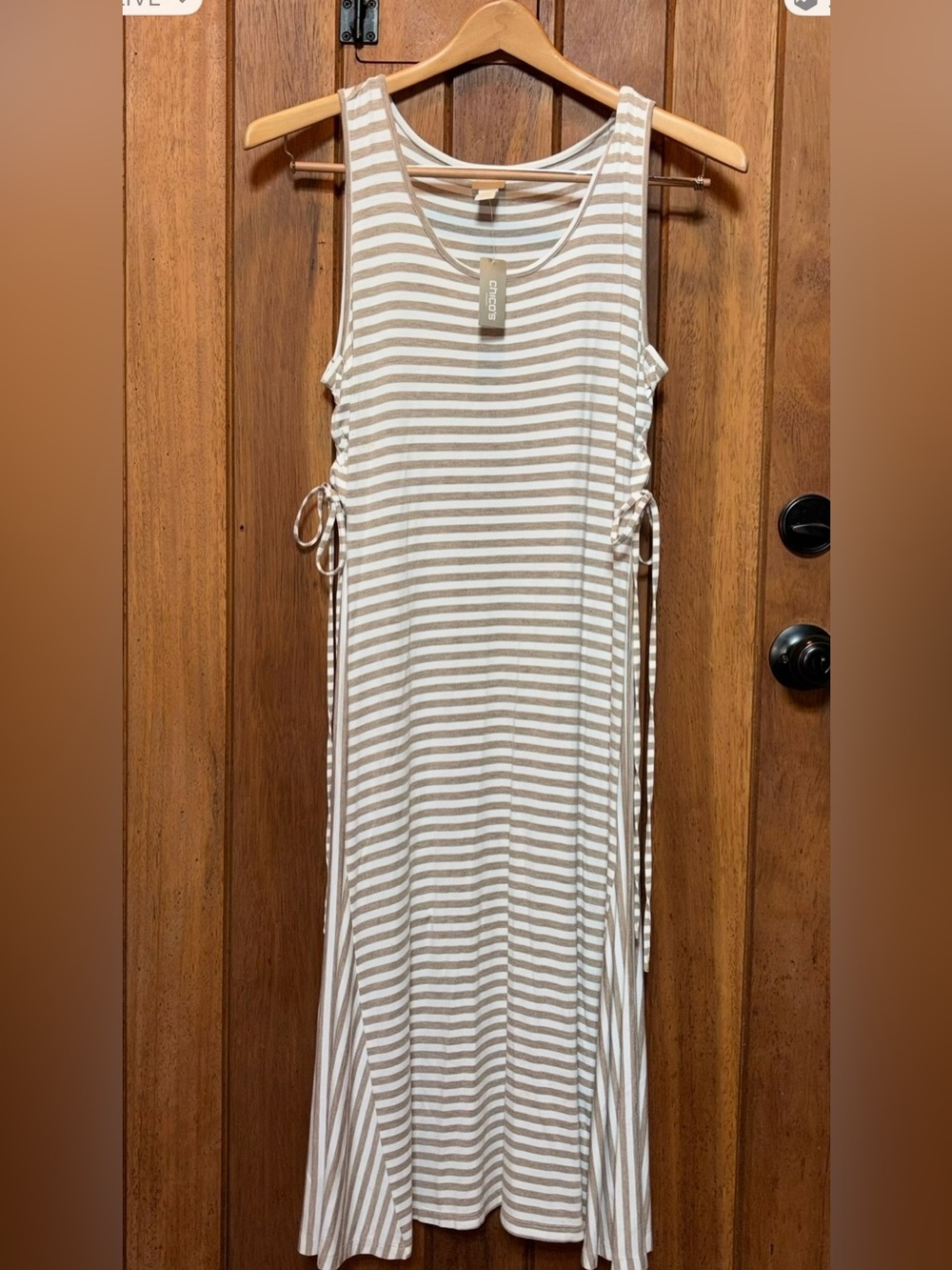 Chico’s Beige and White Striped Maxi Dress with Side Ties